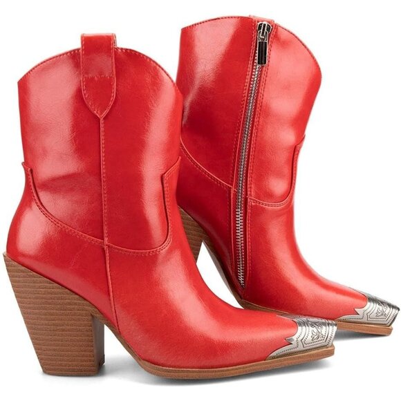 Women's Red 1 Engraved Steel Toe Cowgirl Boots Stacked Block Heels Short Boots - Picture 4 of 6